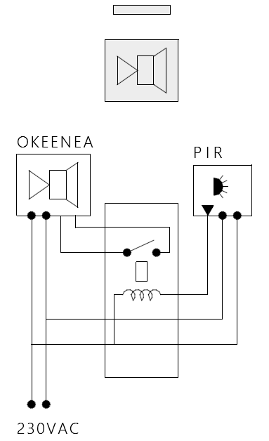 2D-picture of the Audio Beacon: speaker unit, electrical symbol and the wiring diagram.